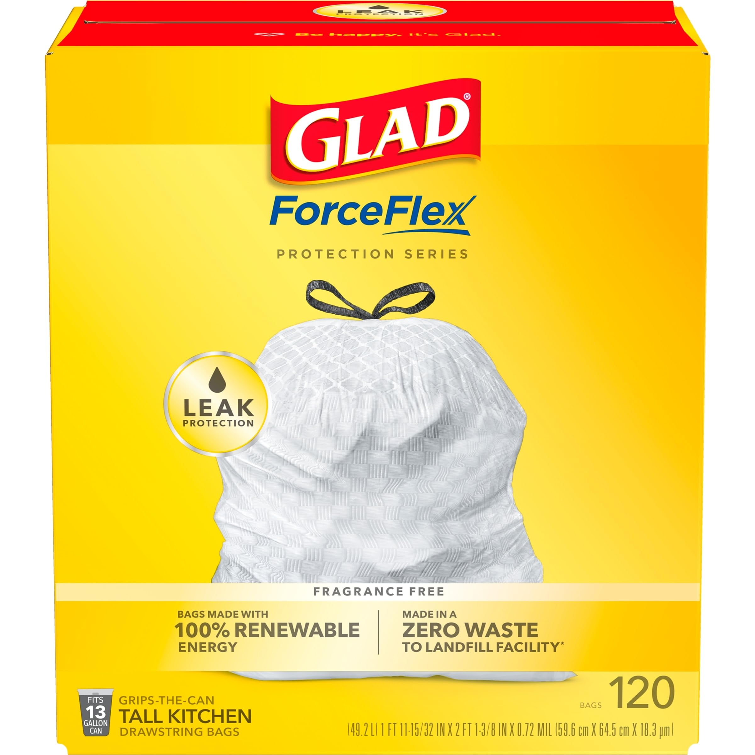 Glad Forceflex Tall Kitchen Drawstring Trash Bags, 13 Gal, Unscented, 120 Ct (Packaging May Vary