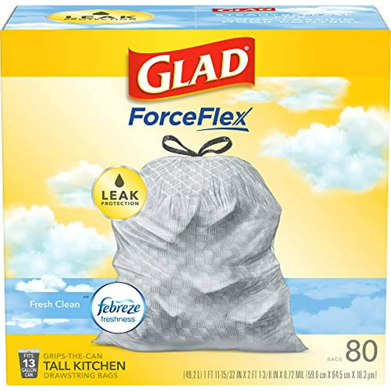 Glad ForceFlex Tall Kitchen Drawstring Trash Bags 13 Gallon Trash Bag,  Fresh Clean scent with Febreze Freshness 80 Count (Package May Vary)  Febreze Fresh Clean