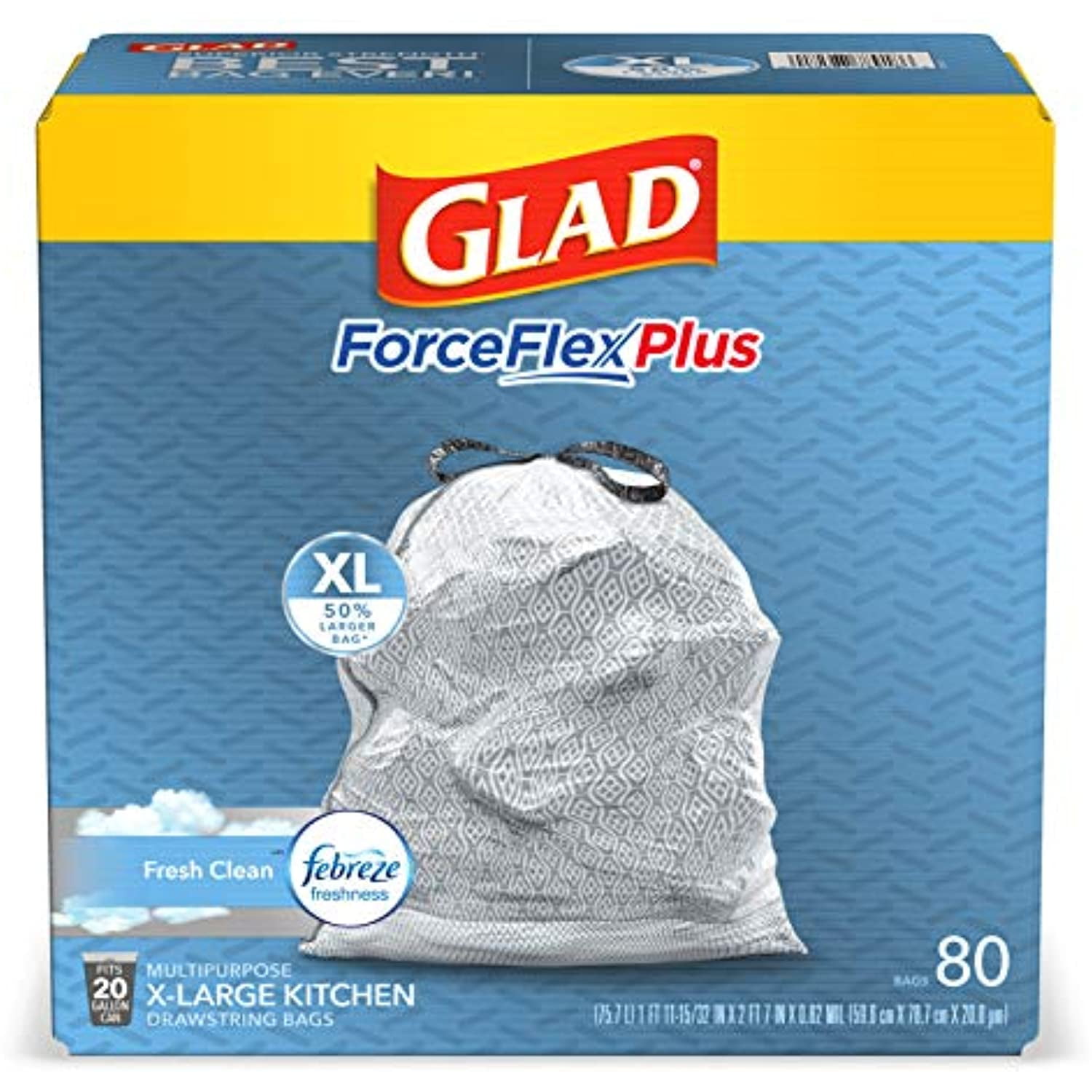 Glad Forceflexplus Xl XLarge Kitchen Drawstring Trash Bags 20 Gallon