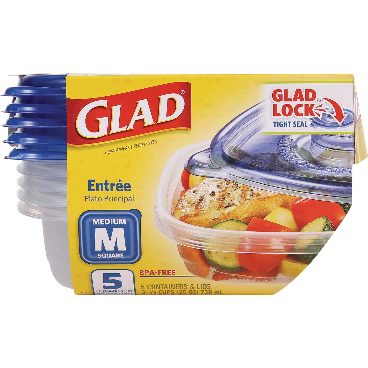 Glad GladWare Entre Food Storage Containers Lock Tight Seal  BPA Free  Medium Square Plastic Containers Hold Up to 25 Ounces of Food, 5 Count - 2 Pack