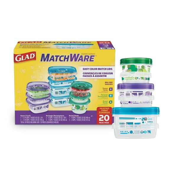Glad GladWare Matchware Food Storage Containers, Value Pack - BPA Free Containers and Lids in a Variety of Sizes to Hold and Store Food Lock Tight Seal, 20 Count