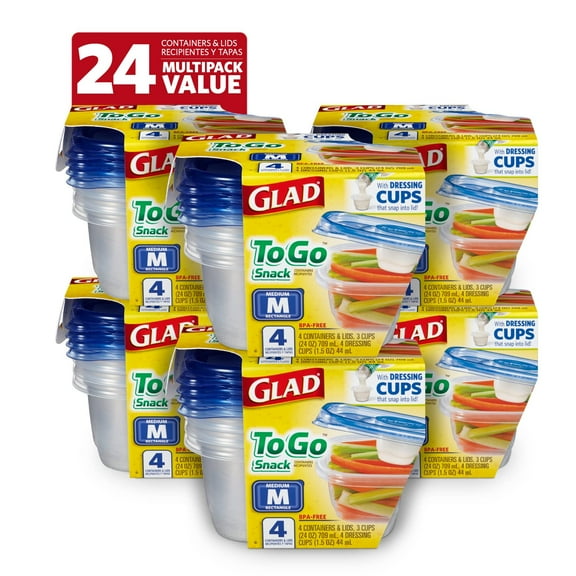 Glad To Go Food Storage Container 24 Oz Rectangle - Airtight - 4 Count, 6 Pack