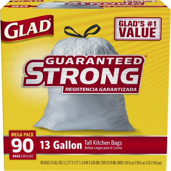 Glad Guaranteed Strong Kitchen Bags Tall, 13 gal, 90 ct