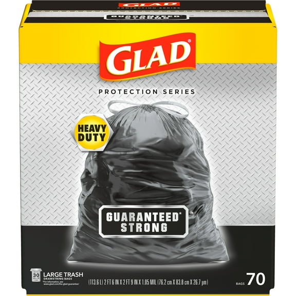 Glad 30-Gallon Strong Large Heavy Duty Drawstring Trash Bags, 70 Bags