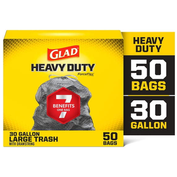 Glad Heavy Duty ForceFlex 30-Gallon Drawstring Large Black Trash Bags, 50 Bags