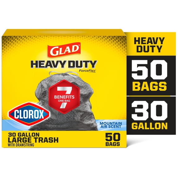 Glad Heavy Duty ForceFlex 30-Gallon Drawstring Large Black Trash Bags, Mountain Air Scent, 50 Bags