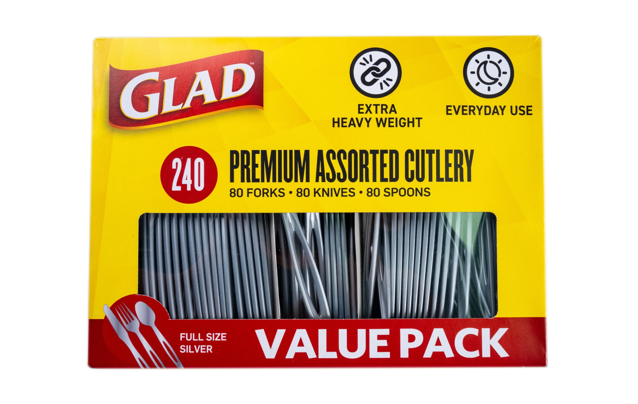 Glad Heavy Duty Silver Cutlery Mixed Forks Knives Spoons Disposable 240ct