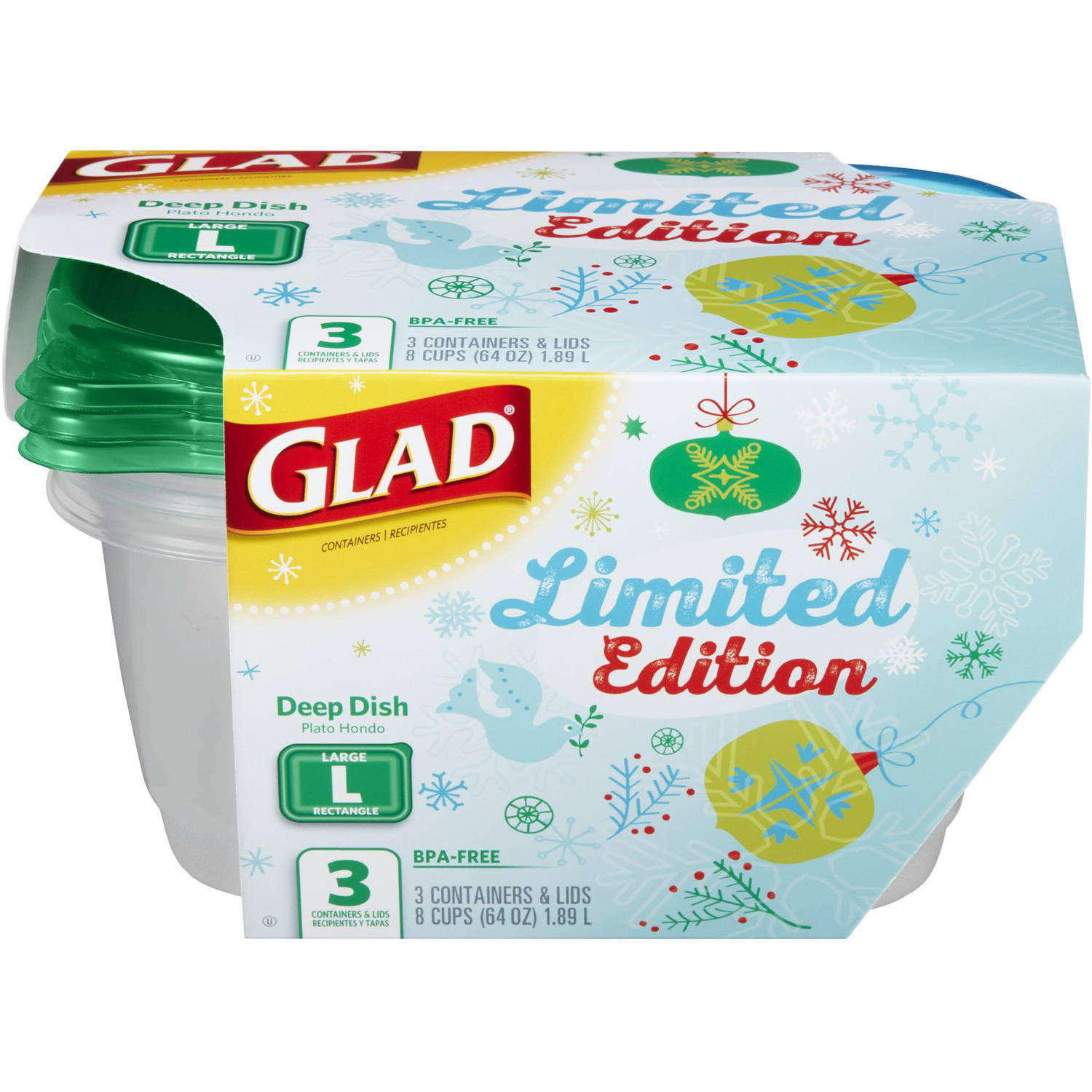  GladWare Holiday Food Storage Containers with Reversible Gift  Tags, 3 Count Large Square Containers & Lids, 42oz
