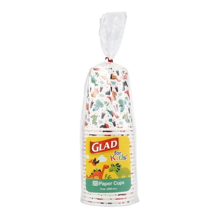 Glad For Kids Dinosaurs Disposable Paper Cups, 9oz, 3 Pack (60 Cups Total)
