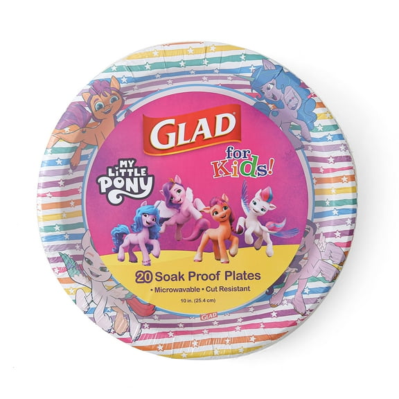 Glad for Kids Colorful Striped My AFN1Little Pony Kids Paper Plates - Unicorn Large Paper Plates for Everyday Use, 10 inch 20 Ct, Rainbow Stripes