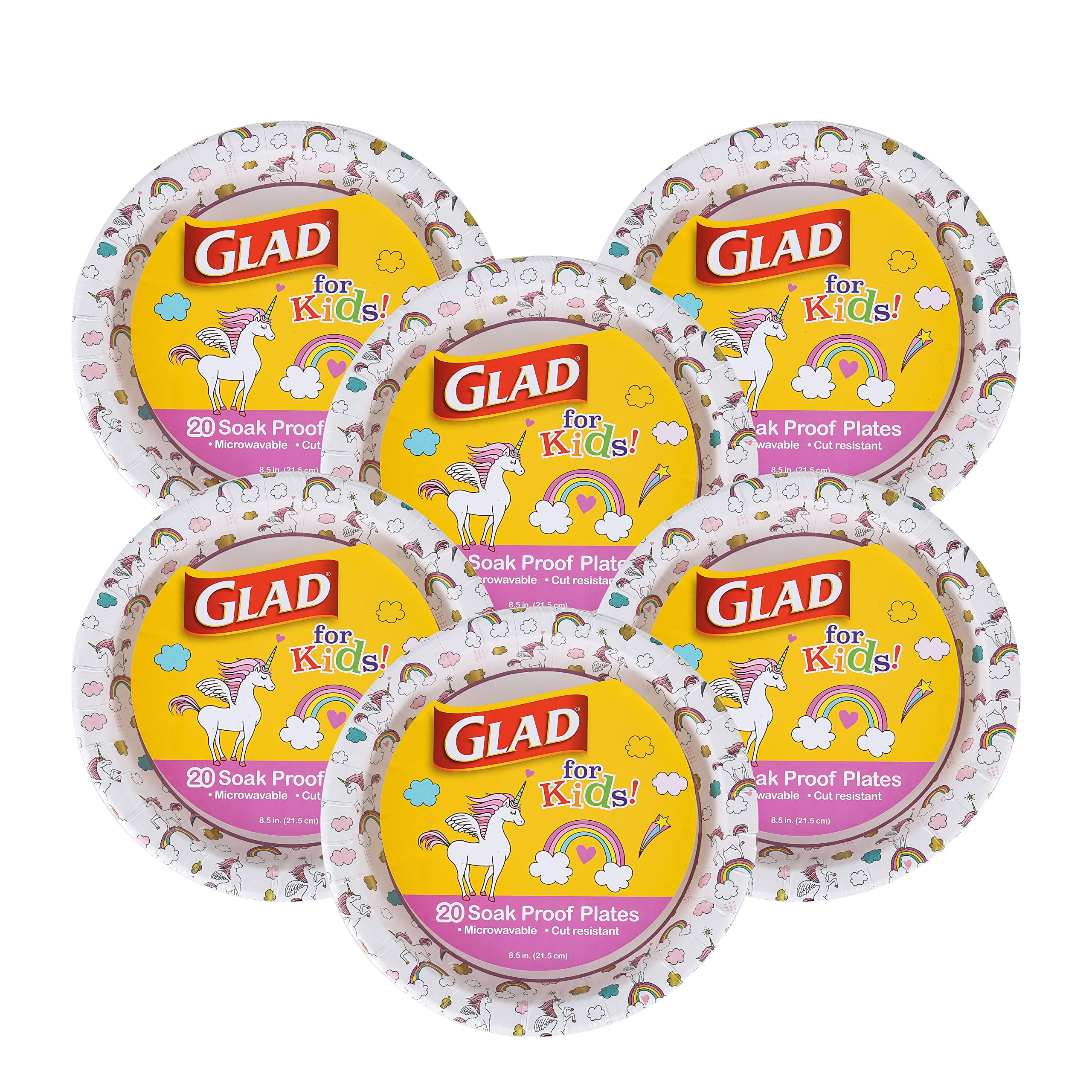 Glad for Kids Disposable Paper Plates, AFN1Unicorns - White Plate with Unicorn Design, Heavy Duty for Everyday Use and All Occasions, 8.5 Inch - 20 Count - 6 Pack