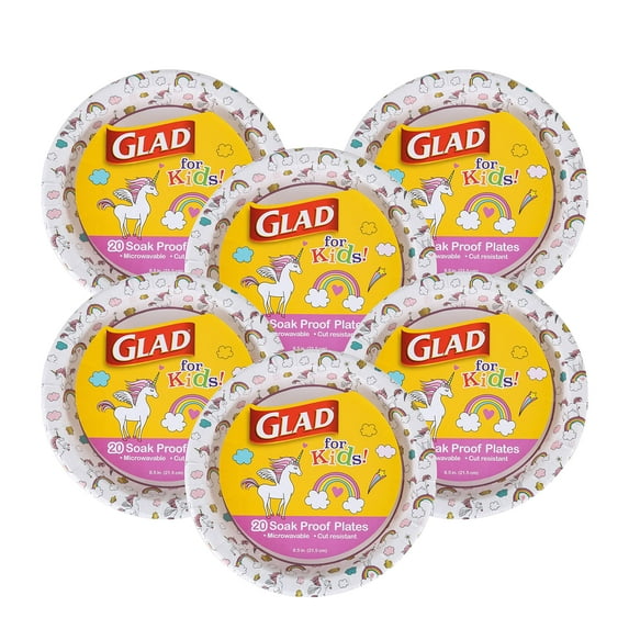 Glad for Kids Disposable Paper Plates, AFN1Unicorns - White Plate with Unicorn Design, Heavy Duty for Everyday Use and All Occasions, 8.5 Inch - 20 Count - 6 Pack