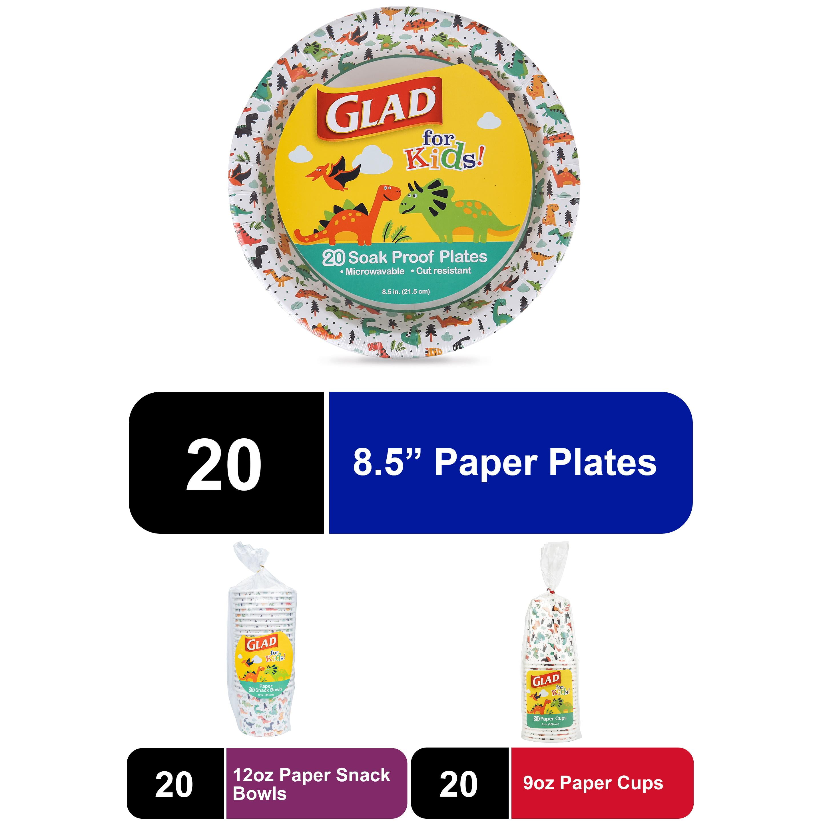 Glad Kids Dinosaurs Disposable Plates Bundle (20 plates, 20 cups, 20 bowls)