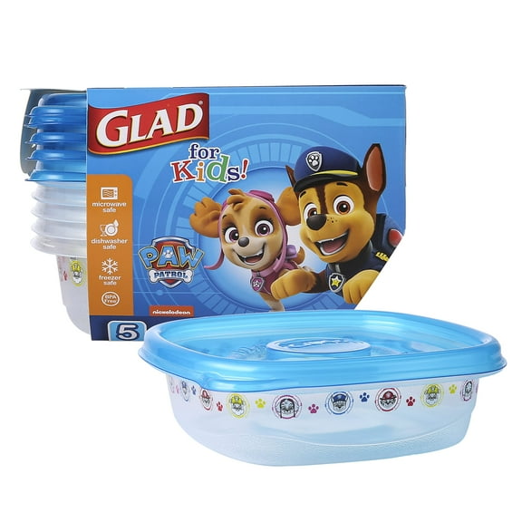 Glad for Kids GladWare Paw Patrol Medium Square Lunch Containers with Lids - 25 oz Food Storage for Kids Snacks and Meals - Tight-Seal Plastic Containers with Paw Patrol Design, 5 Count