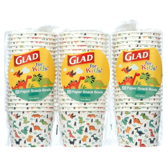 Glad Kids Paper Snack Bowls No Lid 12 oz. Dinosaurs, 3 pack (60 bowls)