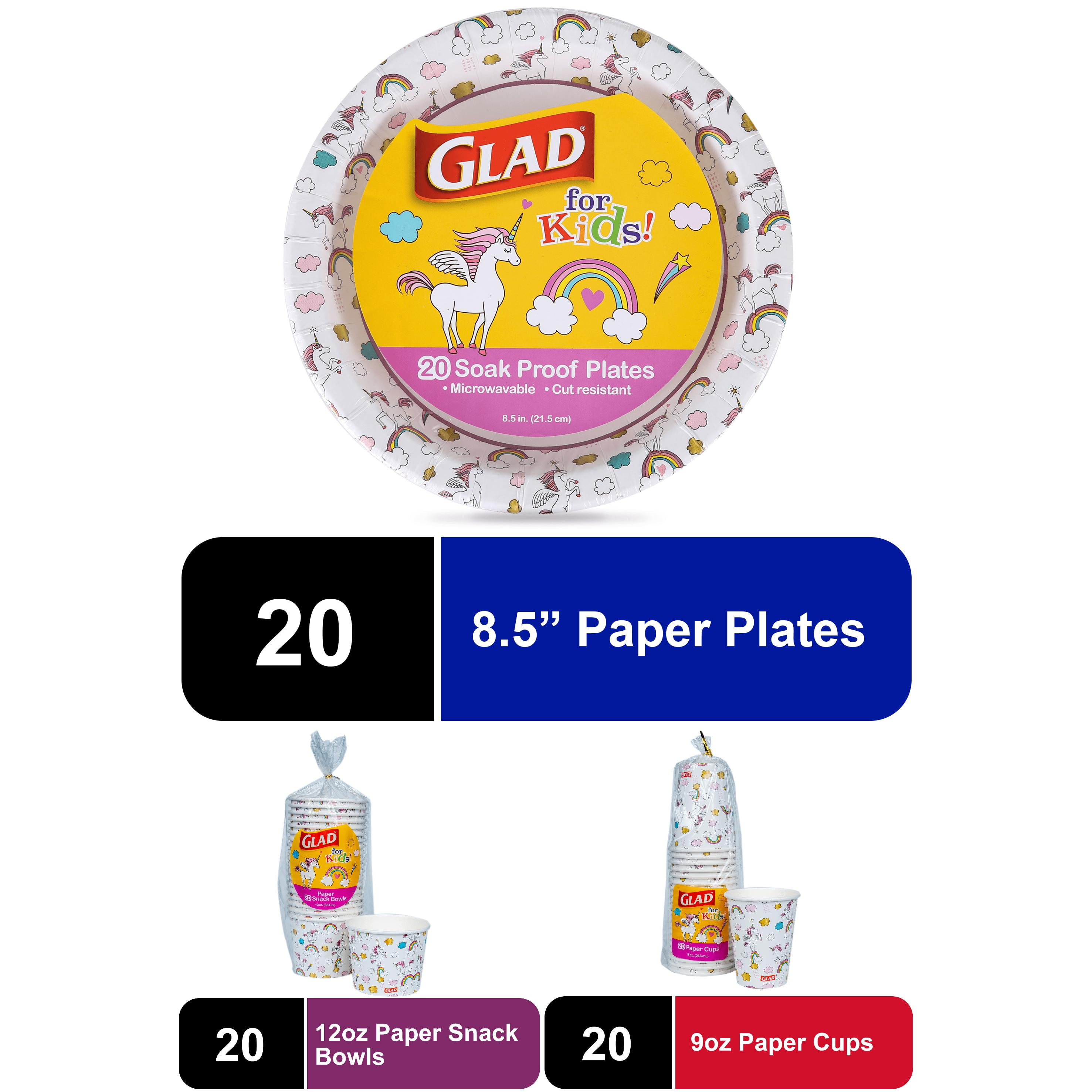 Glad Kids Unicorns Disposable Plates Bundle (20 plates, 20 bowls, 20 cups)