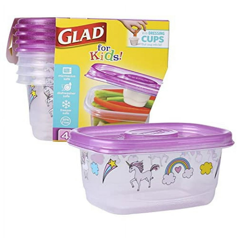 Glad for Kids Unicorns GladWare To Go Snack Storage Containers with Lids &  Sauce Cups| 24 oz Kids Snack Containers with Unicorn Design, 4 Count Set