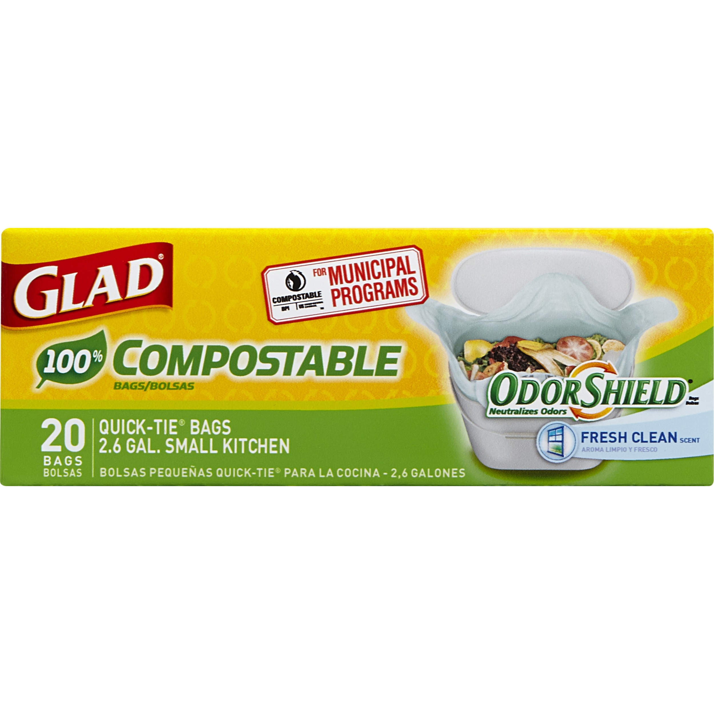 Glad Kitchen Compost Bags - OdorShield 2.6 Gallon 100% Compostable Green Trash Bag, Febreze Fresh Lemon - 20 Count - image 1 of 6
