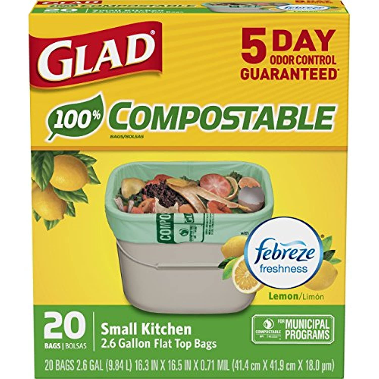 Glad Kitchen Compost Bags Odorshield 2.6 Gallon 100 Compostable