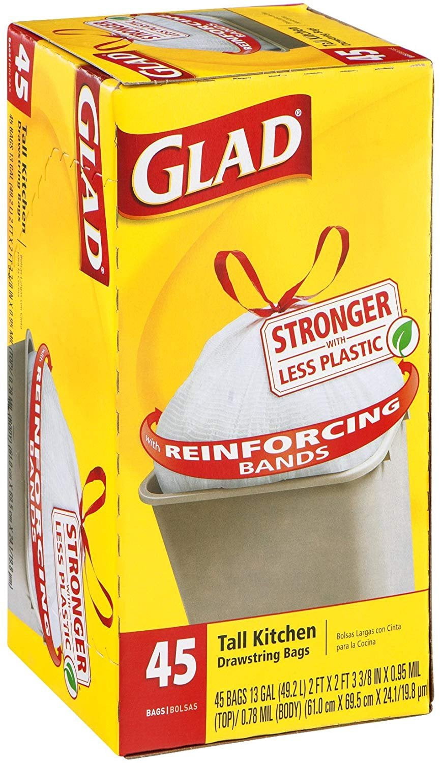 Glad Kitchen Trash Bag 13 Gal. 0.90mil Plastic White 45 Bags / Box