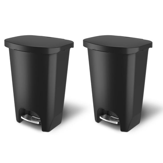 Glad Kitchen Trash Can w/ Lid, Stainless Pedal & Garbage Bag Rings, 20 Gal, Black, 2 Pack