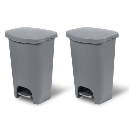 Glad Kitchen Trash Can with Lid and Garbage Bag Rings, 13 Gallon, Grey, 2 Pack
