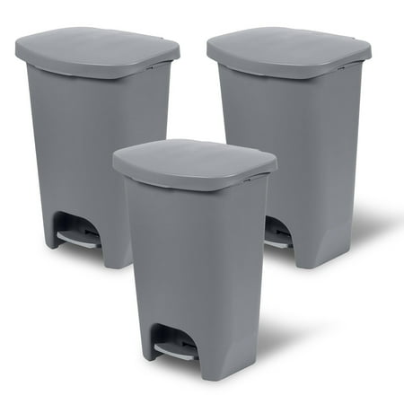 Glad Kitchen Trash Can with Lid and Garbage Bag Rings, 13 Gallon, Grey, 3 Pack