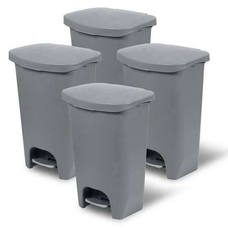 Glad Kitchen Trash Can with Lid and Garbage Bag Rings, 13 Gallon, Grey, 4 Pack