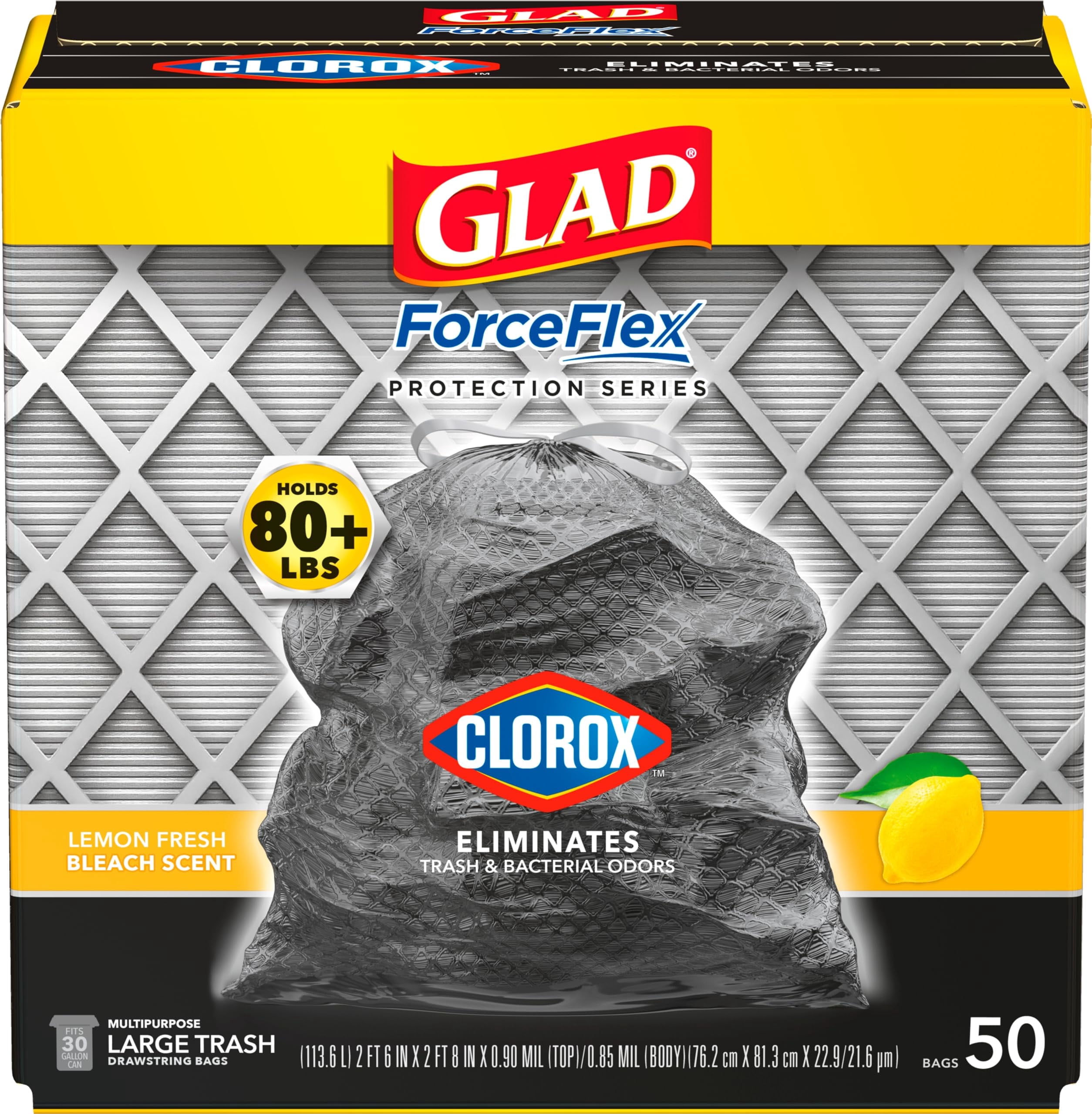 Glad Large 30 Gallon OKA4&nbsp;Trash Bags, Lemon Fresh Bleach Heavy Duty Garbage Bags, Forceflex with Drawstring, 50 Count (Packaging May Vary)