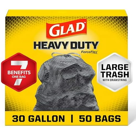 Glad Large 30 Gallon Trash Bags, Unscented Heavy Duty Garbage Bags, Forceflex with Drawstring, 50 Count (Packaging May Vary)