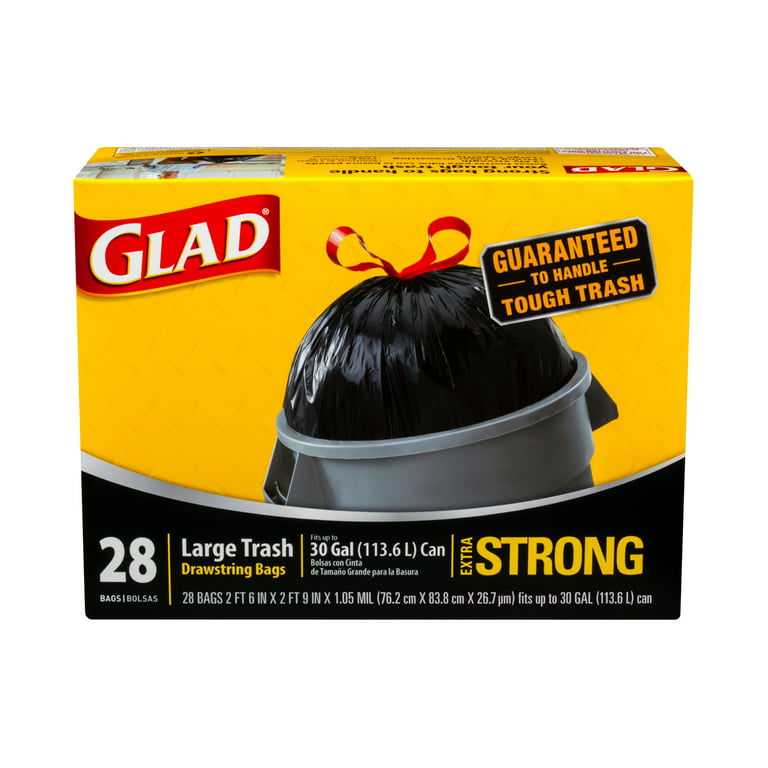 Glad Extra Strong 30 GAL Large Trash Drawstring Bags - 28 CT, Plastic Bags