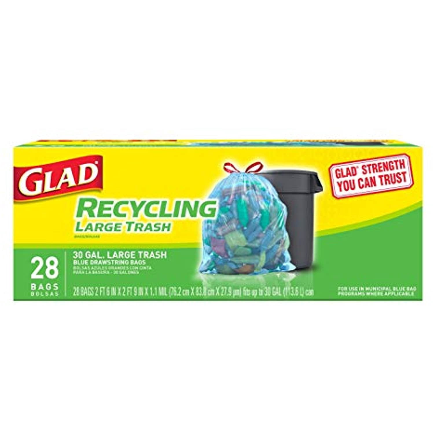 Glad Large Drawstring Recycling Bags 30 Gallon Blue Trash Bag 28