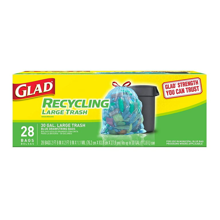Glad Large Drawstring Recycling Bags - 30 Gallon Blue Trash Bag - 28 Count