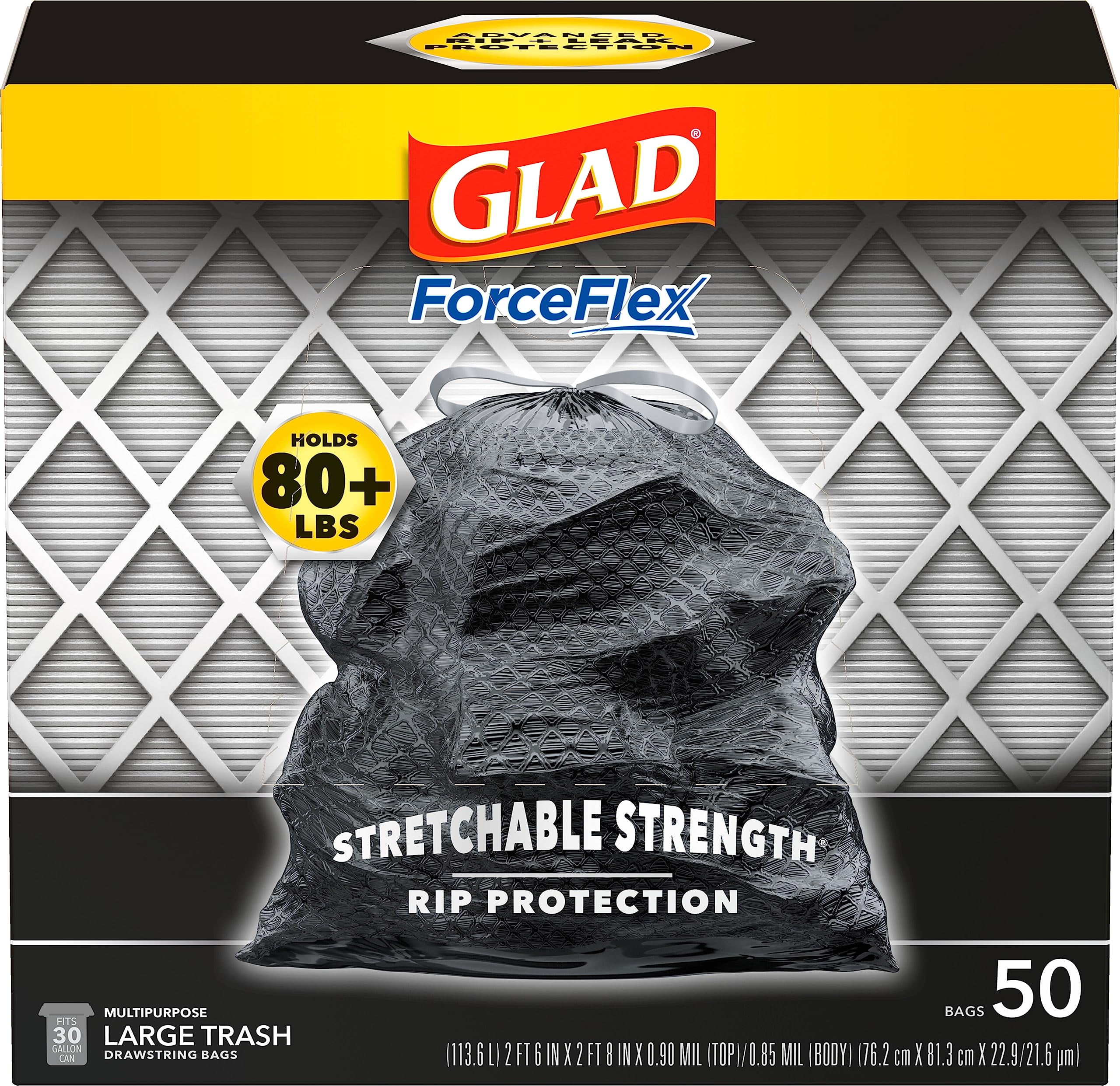 Glad Large Drawstring Trash Bags, Forceflex 30 Gallon Black Trash Bags, 50 Count