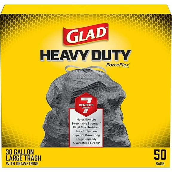 Glad ForceFlex Heavy Duty Large Drawstring Trash Bags, Hold 80+ lb, 30 Gal, 50 Ct (Package May Vary)