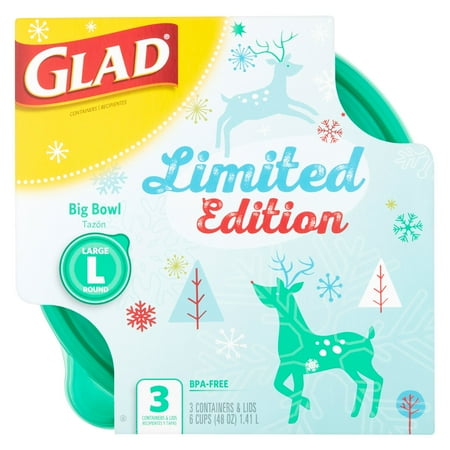 Glad Large Round Big Bowl Containers & Lids Limited Edition, 3 count, 48 oz