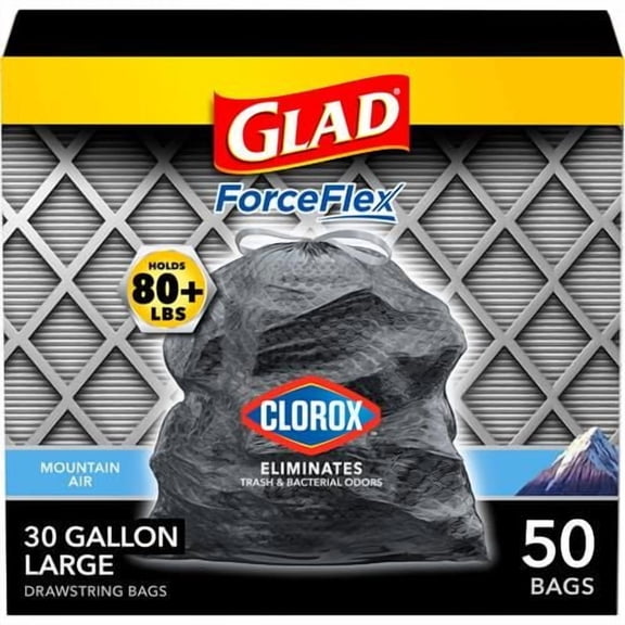 Glad Large Trash Bags, Forceflex With Clorox, 30 Gal, Mountain Air, 50 Ct - Pack of 2
