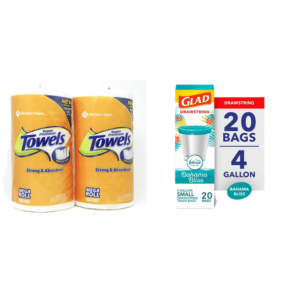 Glad & MM Kitchen Clean Bundle - 4 Gallon Teal Small Trash Bags (20 Ct) and Super Premium 2-Ply Paper Towels (2 Mega Rolls)