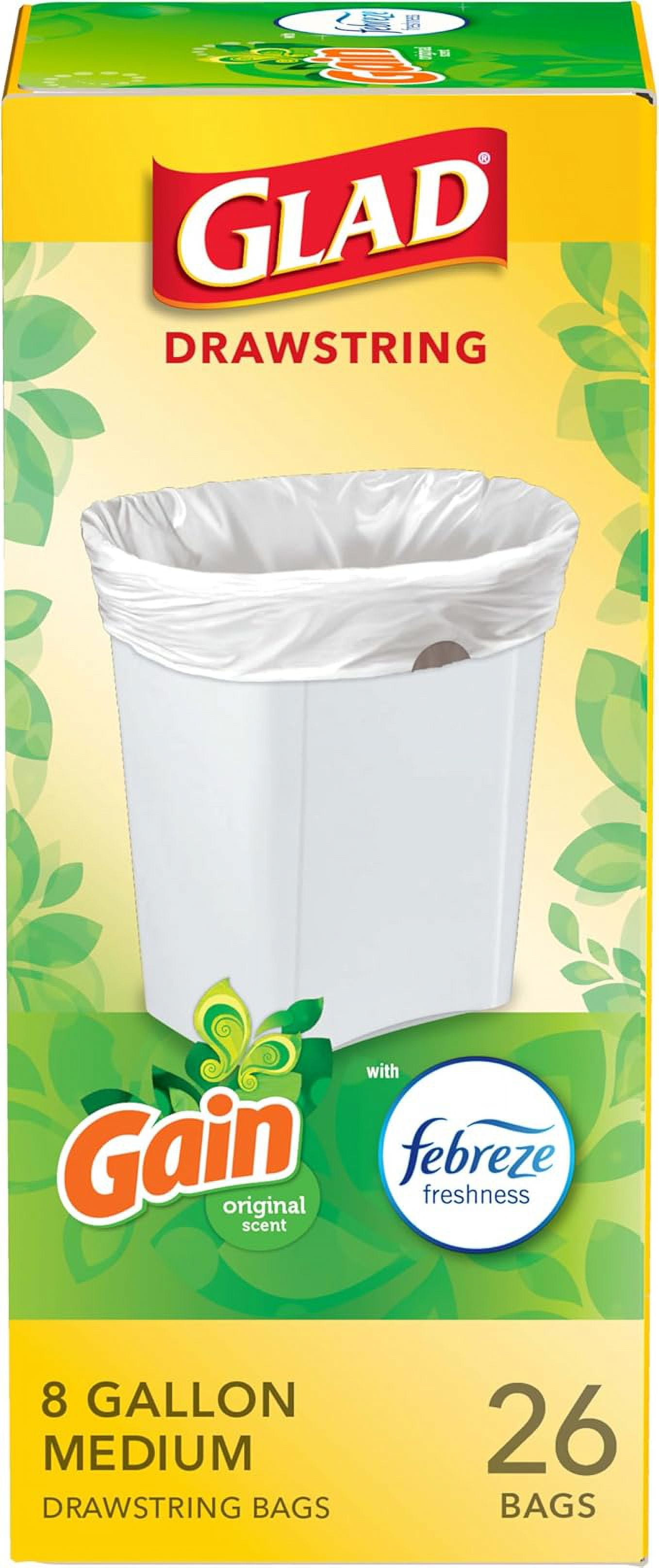 Glad Medium Drawstring Trash Bags, 8 Gal, Gain Original with Febreze, 26 Ct (Package May Vary) ( Pack of 2 )