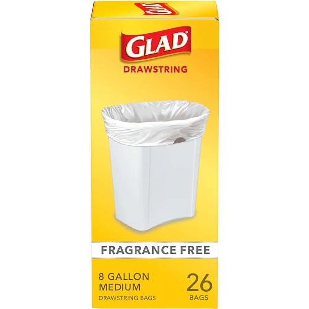 Glad Medium Drawstring Trash Bags, 8 Gallon, White, Fragrance Free, 26 Count, Pack May Vary