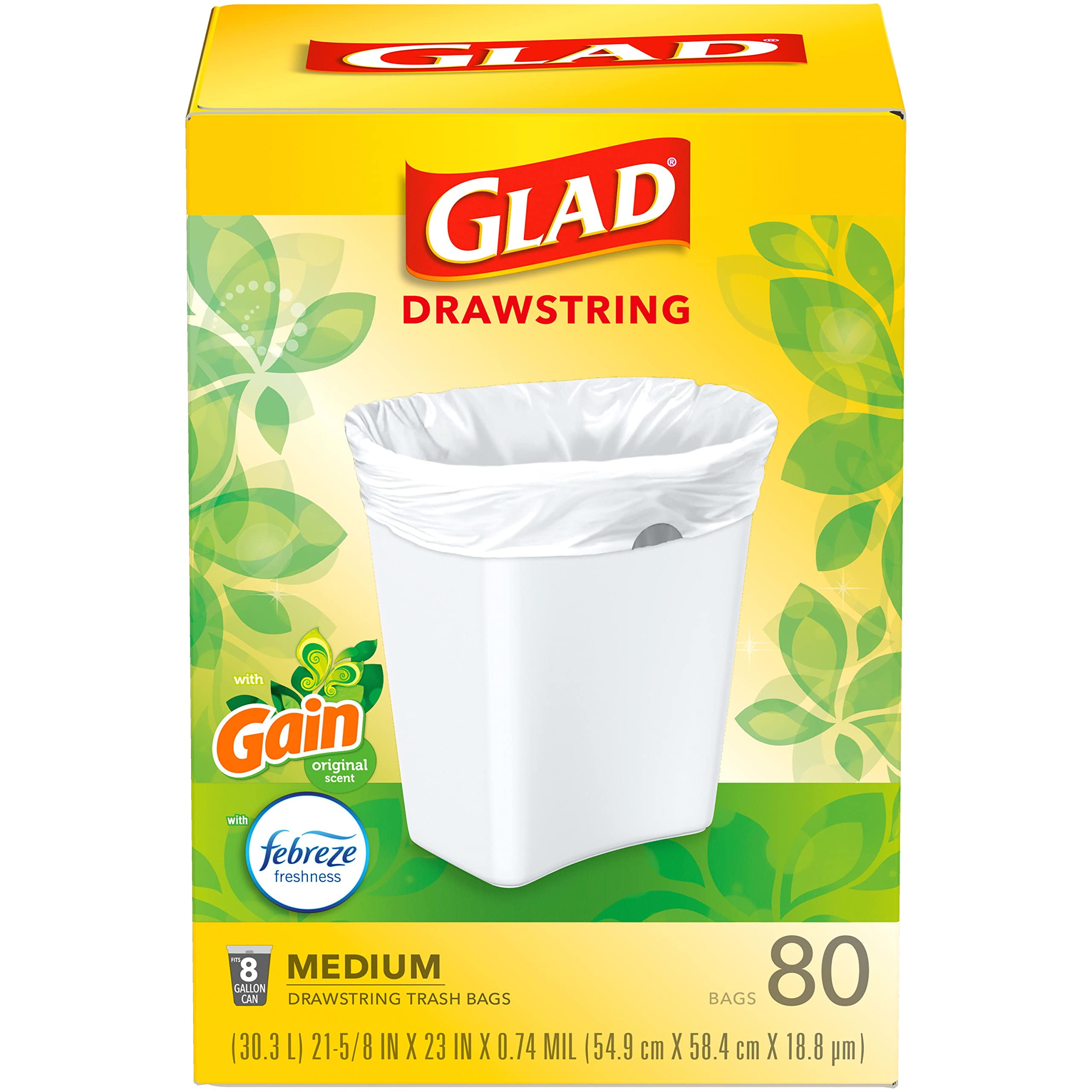 Glad Medium Drawstring Trash Bags, 8 Gallon, White, Gain Original Scent