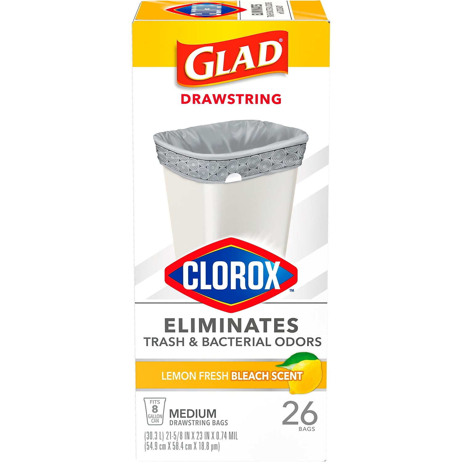 Glad Medium Drawstring Trash Bags with Clorox 8 Gallon Grey Lemon Fresh Bleach Scent 26/Box(79316)
