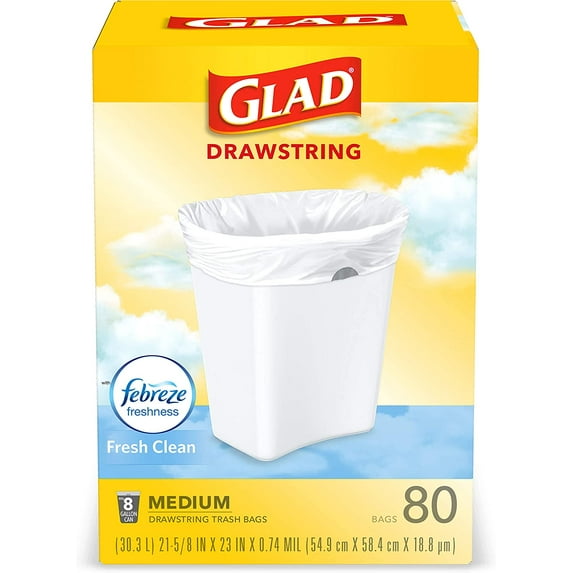 Glad Medium Kitchen Drawstring, 8 Gallon Trash Bags, Fresh, Clean Scent, 80 Count, White