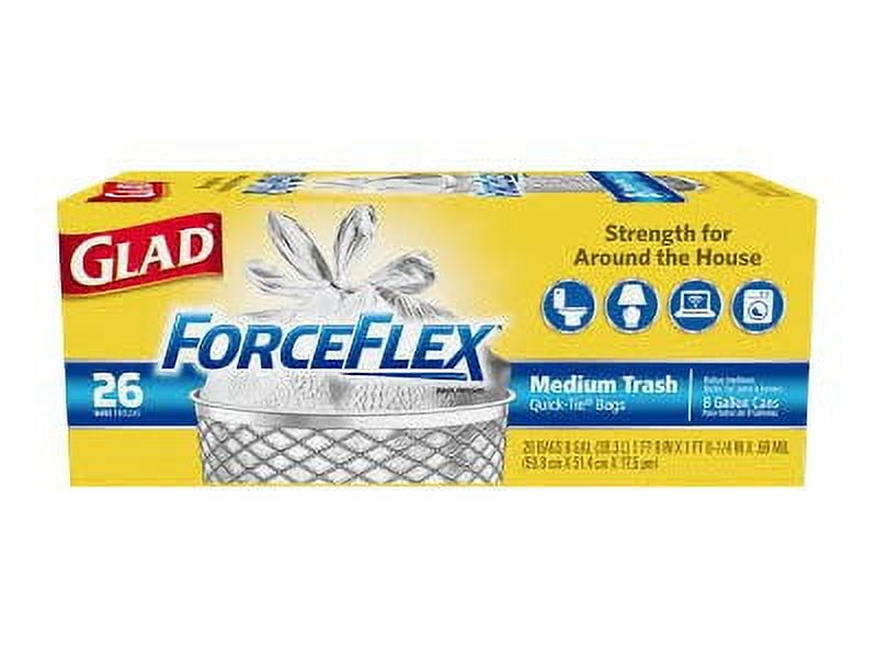 Glad Medium Trash Bags, 8 Gallon, 26 Bags (ForceFlex, Quick Tie)