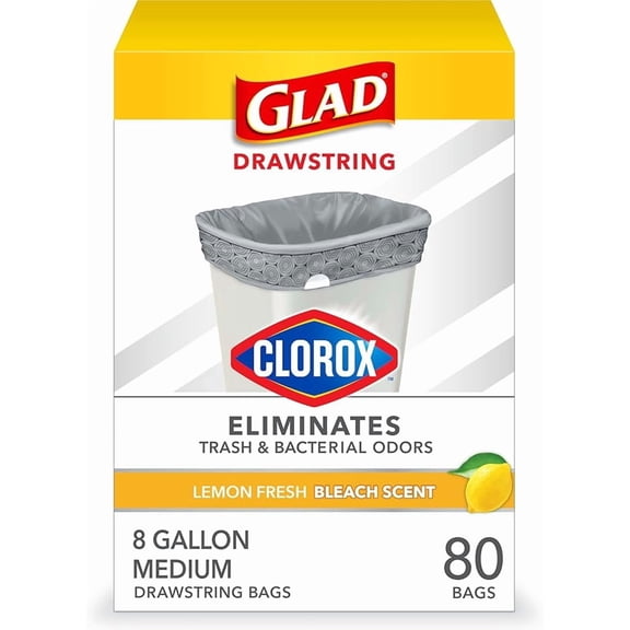 Glad Medium Trash Bags, 8 Gallon, Lemon Fresh Bleach Garbage Bags, Resists Bacterial Odors with Drawstring, 80 Count (New Pack)