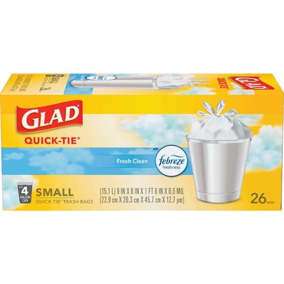 Glad Odor Shield Quick Tie Fresh Clean Small Trash Bags, 26 Count per Pack - 6 per case.