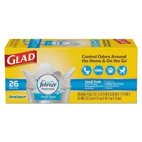 Glad Odor Shield Quick Tie Fresh Clean Small Trash Bags, 26 Count per Pack - 6 per case.