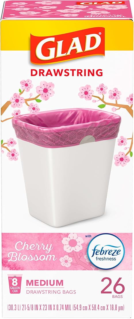 Glad OdorShield Medium Trash Bags, 8 Gal, Febreze Cherry Blossom, 26 Ct (Package May Vary) ( Pack of 2 )