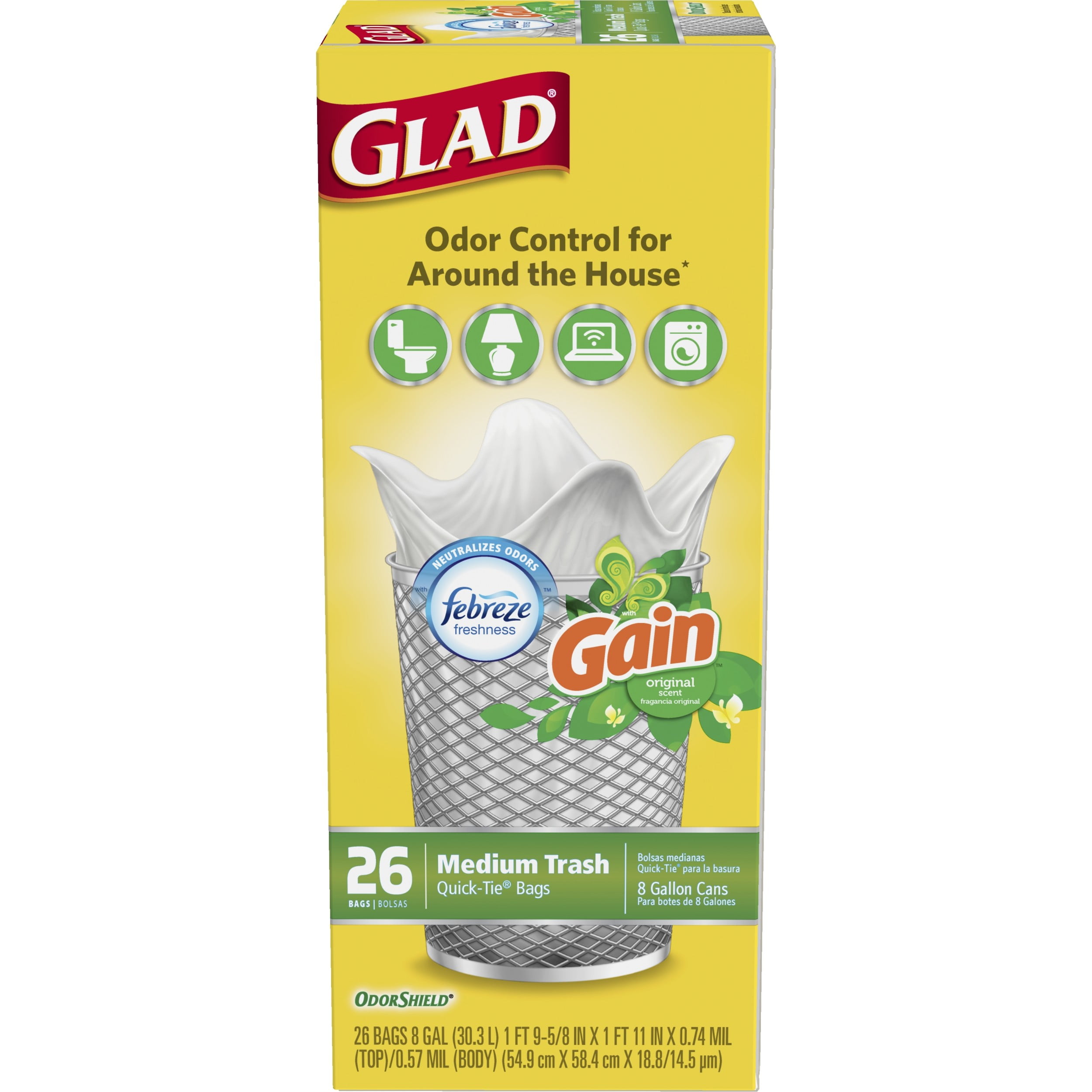  Glad Medium Quick-Tie Trash Bags, OdorShield 8 Gallon, Gain  Original with Febreze, 26 Count(Pack of 6) : Health & Household