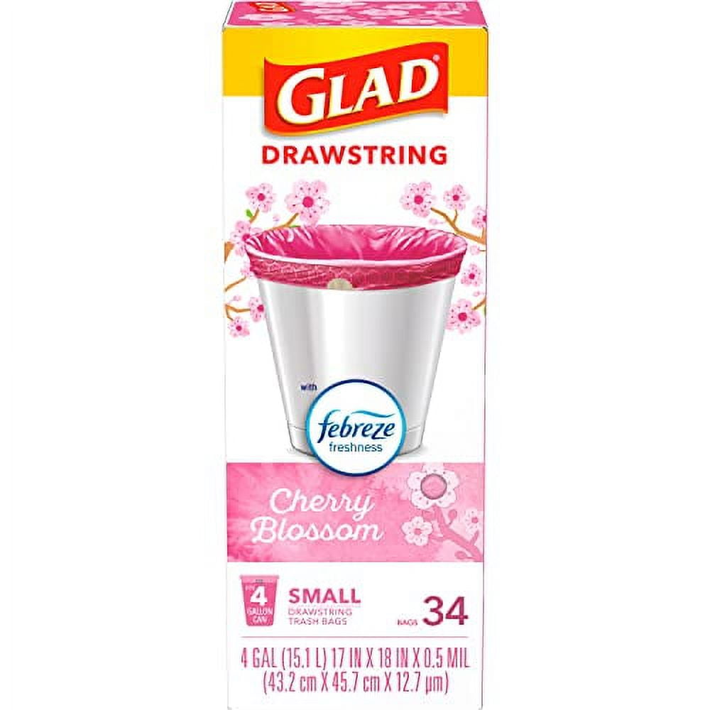 Glad OdorShield Small Drawstring Trash Bags, 4 Gallon Trash Bag, Febreze Cherry  Blossom, 34 Count (Package May Vary)